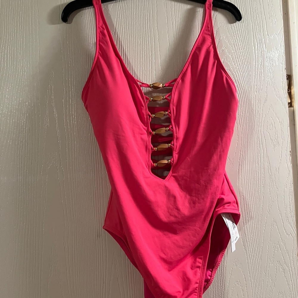 Bleu Rod Beattie Pink One Piece Swimsuit with Plunging Neckline